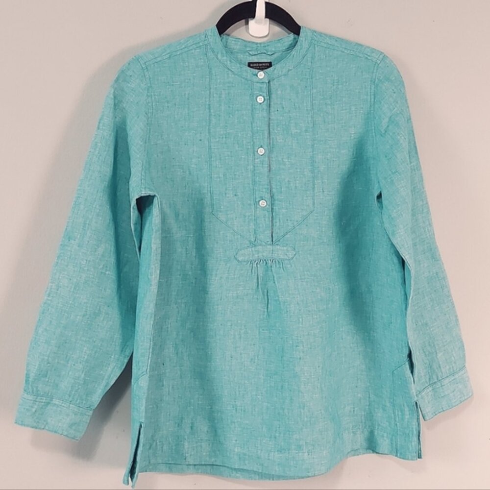 JCrew X Baird McNutt Women Irish Linen Popover Shirt Petite 4 Teal Button Front